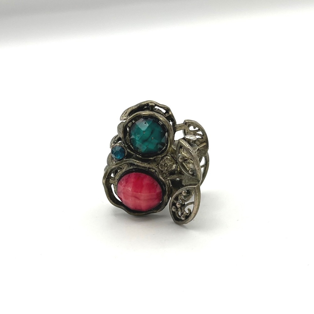 Vintage Style Mini Hair Claw Clip Bronze Filigree Red Teal Faux Stone Ornate - Picture 3 of 7